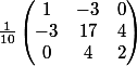 \frac{1}{10}\begin{pmatrix} 1 & -3 & 0\\ -3& 17 &4 \\ 0& 4 & 2 \end{pmatrix}